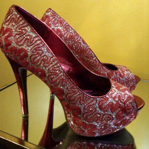Hot Ruby Red Lace and Silver Bling High Heels